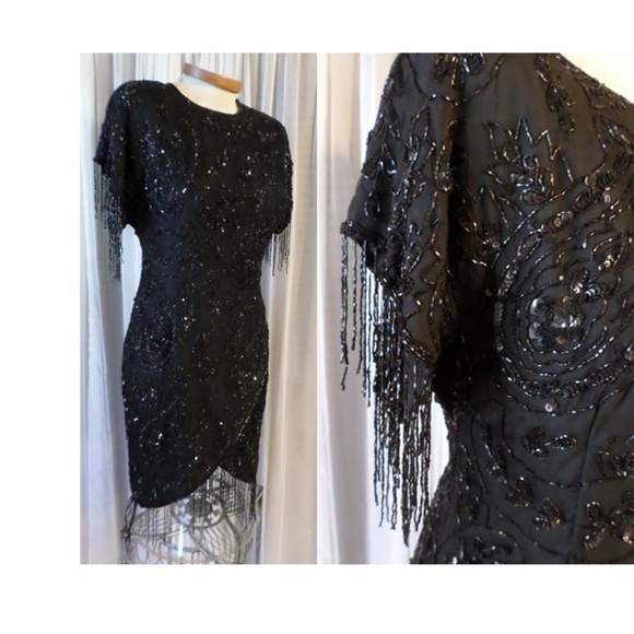 Vintage Laurence Kazar Silk Dress Black Fringe M - Picture 3 of 8
